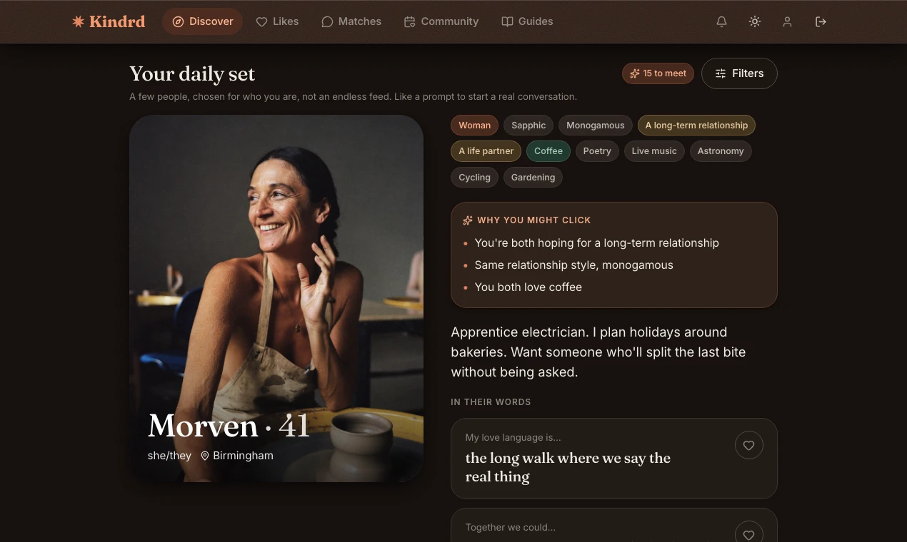 The real Kindrd daily set: Morven, 41, she/they, with the reasons you might click — you're both hoping for a long-term relationship, same relationship style, you both love coffee