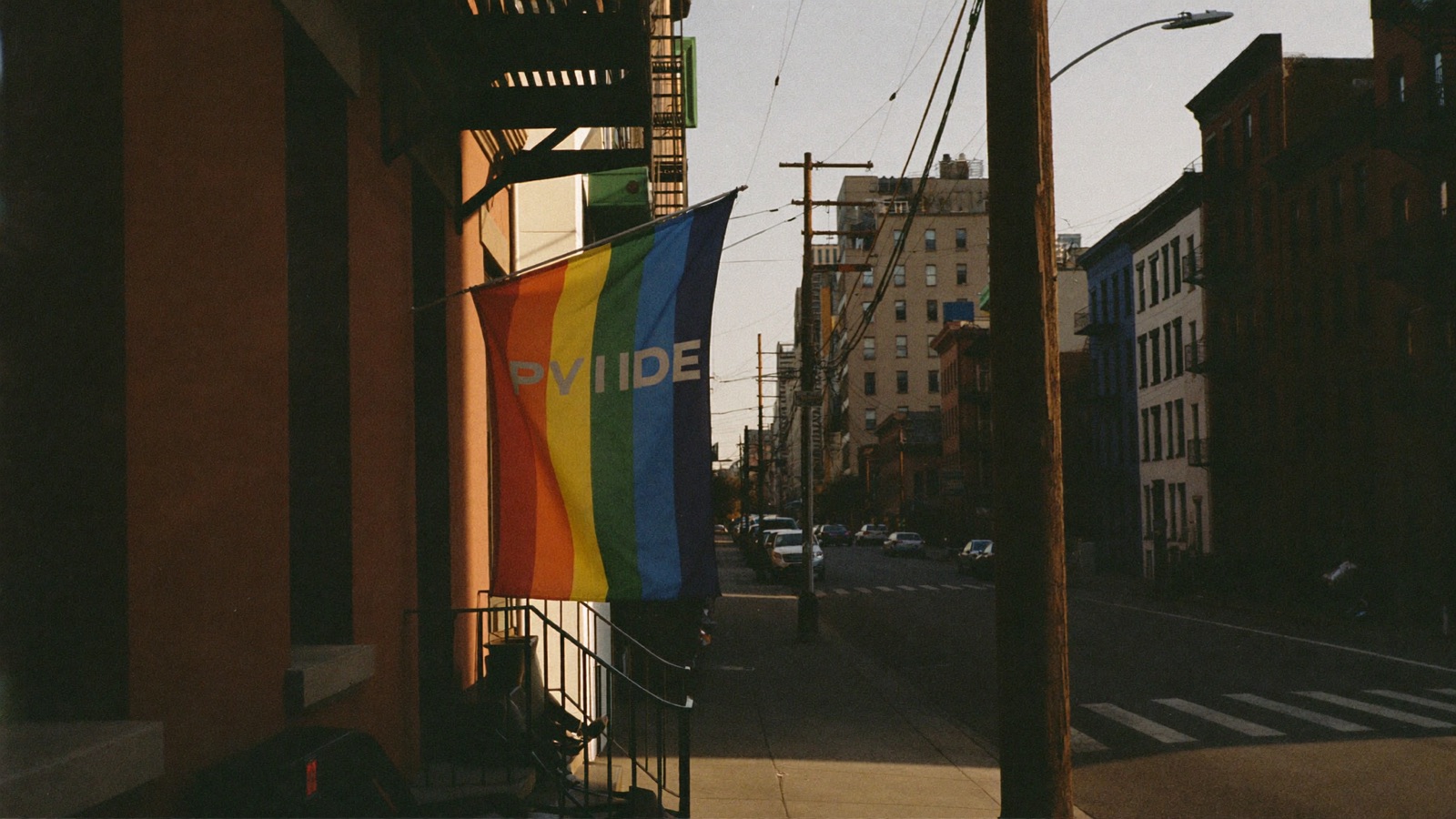 A street scene in United States at golden hour